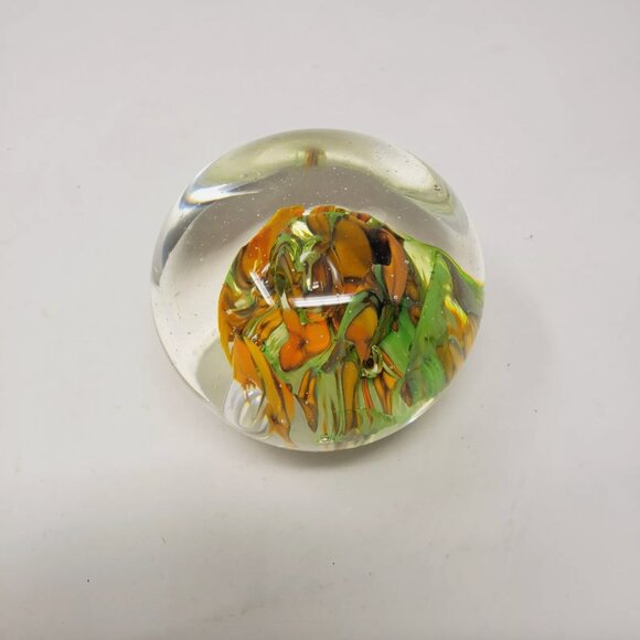 NORLEANS? 3" Glass Paperweight Green Yellow Floral Swirl Bubbles Flat Top Japan - Picture 2 of 5